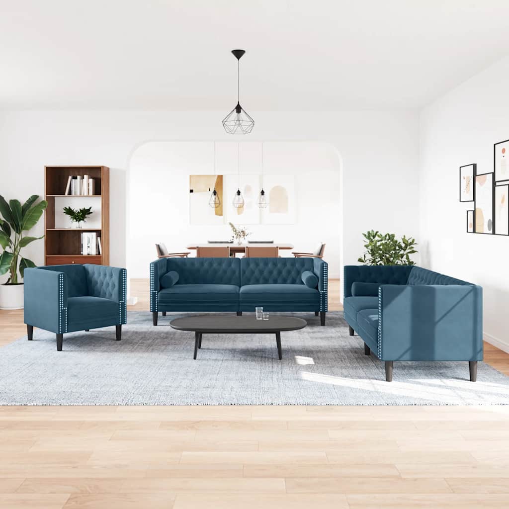 Σετ Καναπέδων Chesterfield 3 Τεμαχίων με Στηρίγματα από Μπλε Βελούδο
