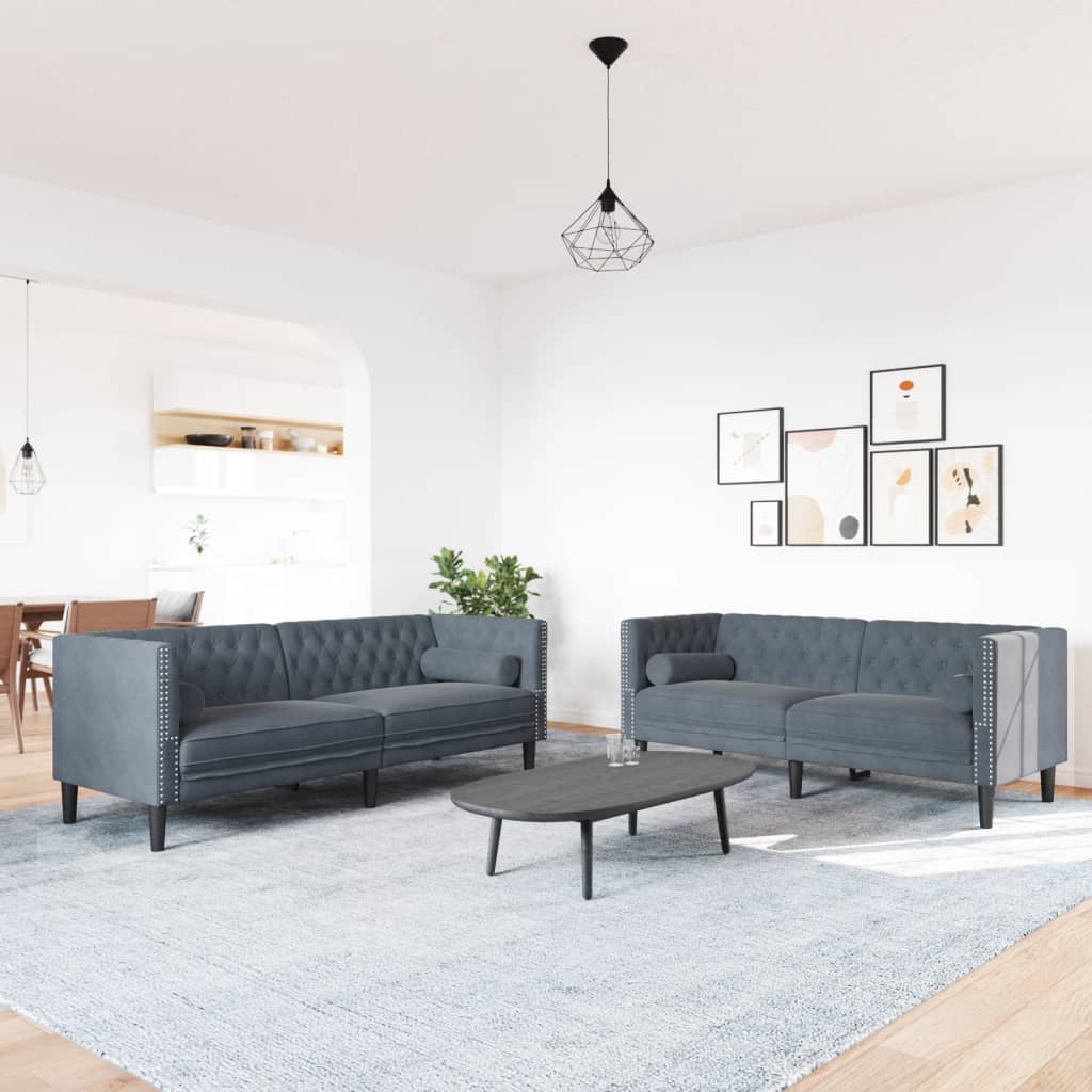 Καναπές Chesterfield Σετ 2 Τεμ. με Στηρίγματα Σκ. Γκρι Βελούδο