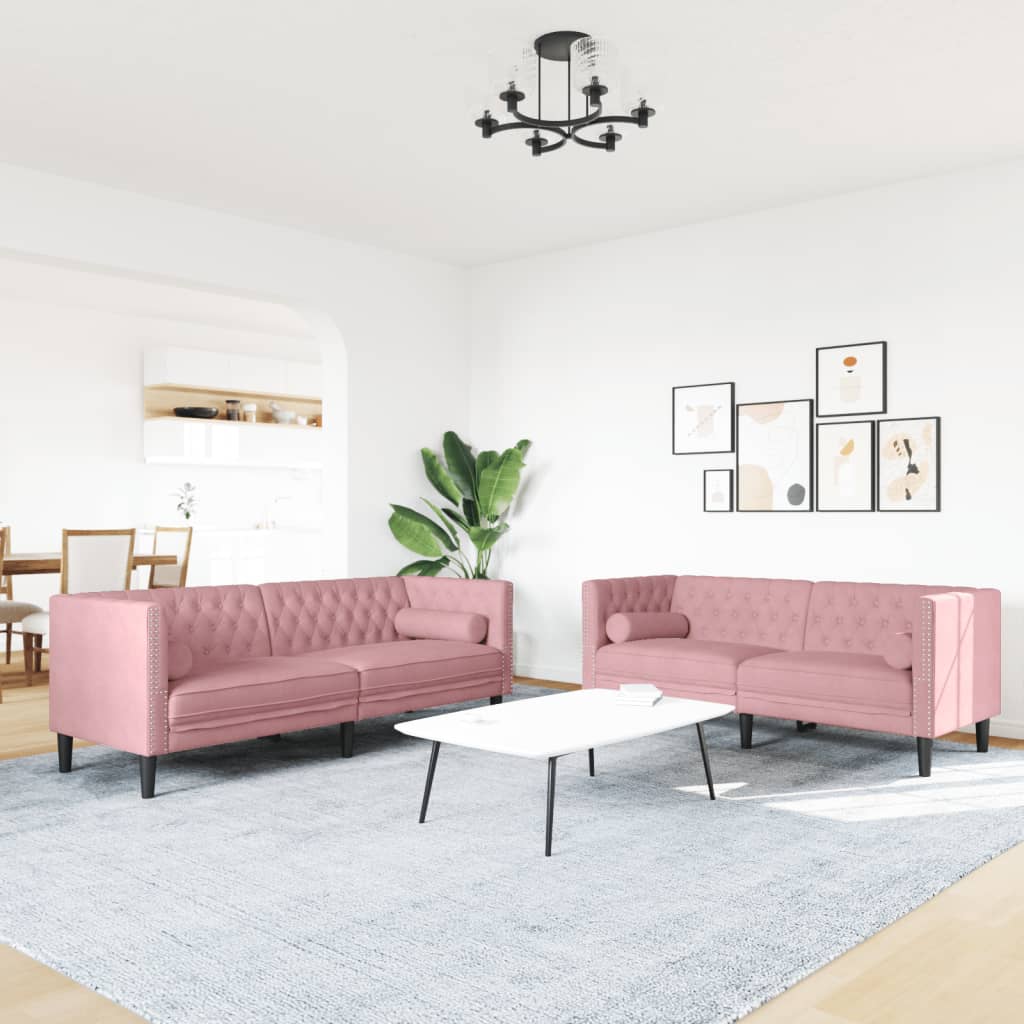 Σετ Καναπέδων Chesterfield 2 Τεμαχίων με Στηρίγματα Ροζ Βελούδο