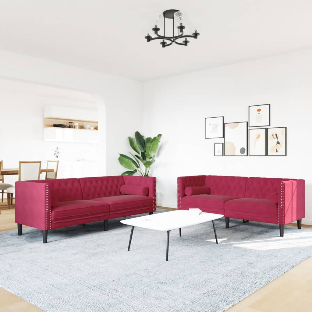 Καναπές Chesterfield Σετ 3 Τεμ. με Στηρίγματα Μπορντό Βελούδο