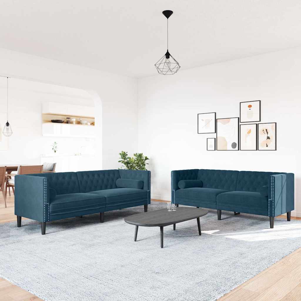 Σετ Καναπέδων Chesterfield 2 Τεμαχίων με Στηρίγματα Μπλε Βελούδο