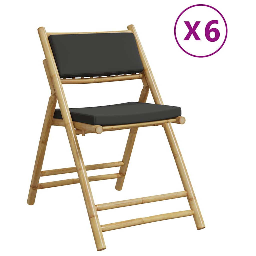 Καρέκλες Bistro Πτυσσόμενες 6 τεμ. Μπαμπού με Σκ.Γκρι Μαξιλάρια – εικόνα προϊόντος 2