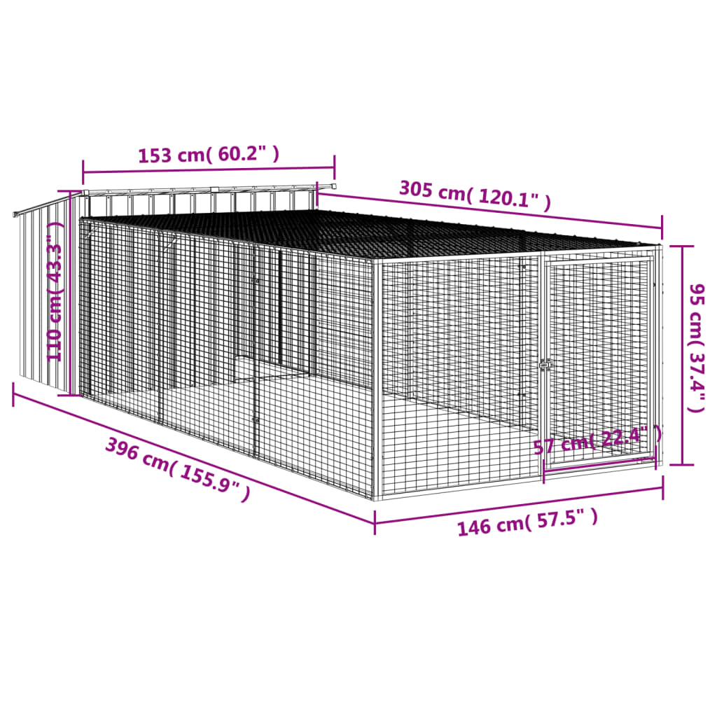 Σπιτάκι Σκύλου με Διάδρομο Ανθρακί 153x396x110 εκ. από Γαλβανισμένο Ατσάλι