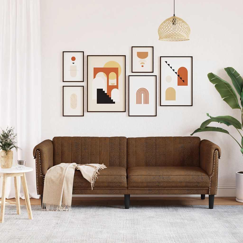 Καναπές Τριθέσιος Καφέ από Συνθετικό Καστόρι