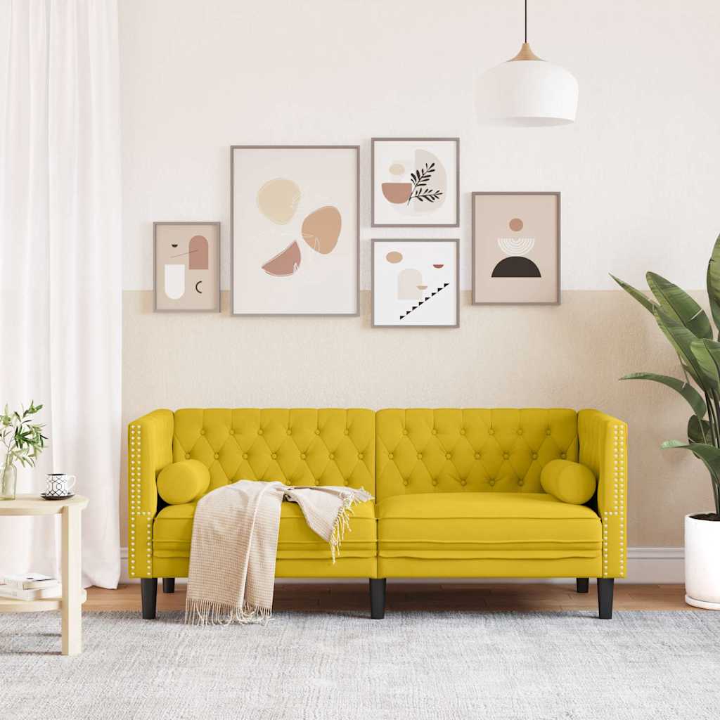 Καναπές Chesterfield Διθέσιος με Στηρίγματα από Κίτρινο Βελούδο