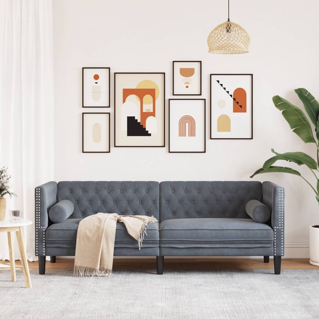 Καναπές Τριθέσιος Chesterfield + Στηρίγματα Σκούρο Γκρι Βελούδο
