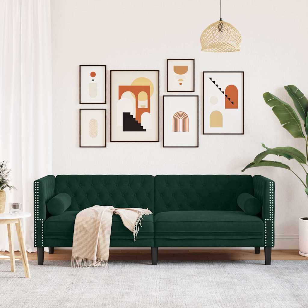 Καναπές Τριθέσιος Chesterfield + Στηρίγματα Σκ. Πράσινο Βελούδο
