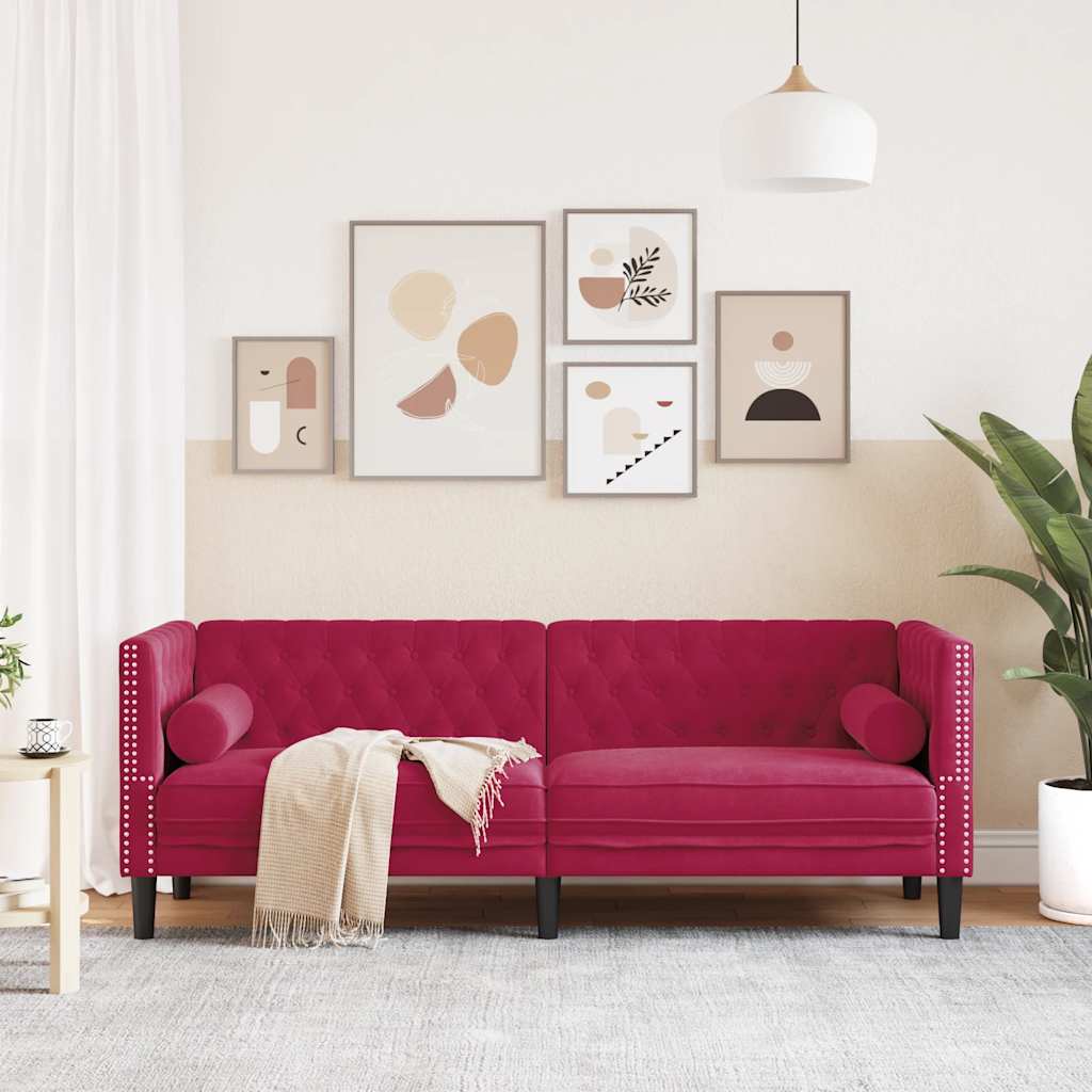 Καναπές Διθέσιος Chesterfield με Στηρίγματα Μπορντό Βελούδο