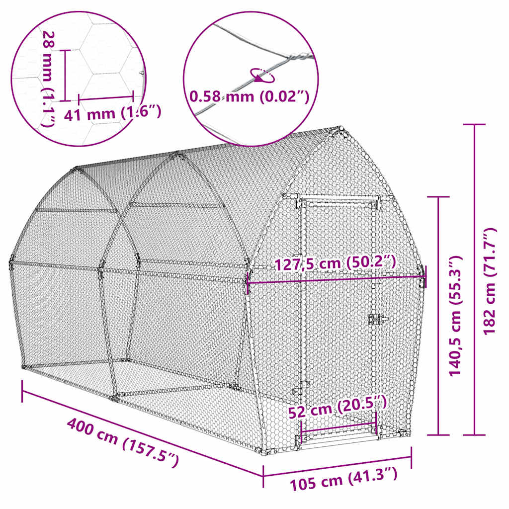 Κοτέτσι - Κλουβί Ασημί 400x105x182 εκ. από Γαλβανισμένο Χάλυβα