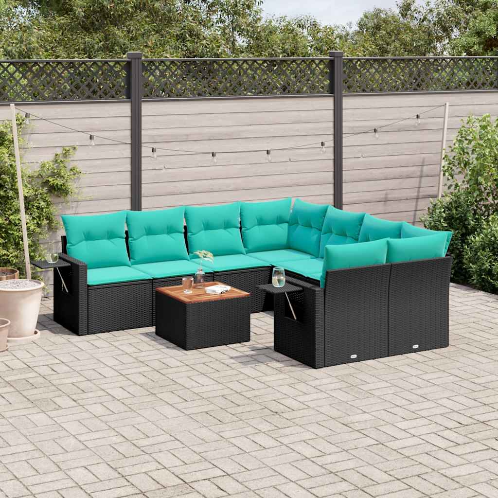 Σετ Καναπέδων Κήπου 9 Τεμαχίων με Μαξιλάρια από Μαύρο Συνθετικό Ρατάν