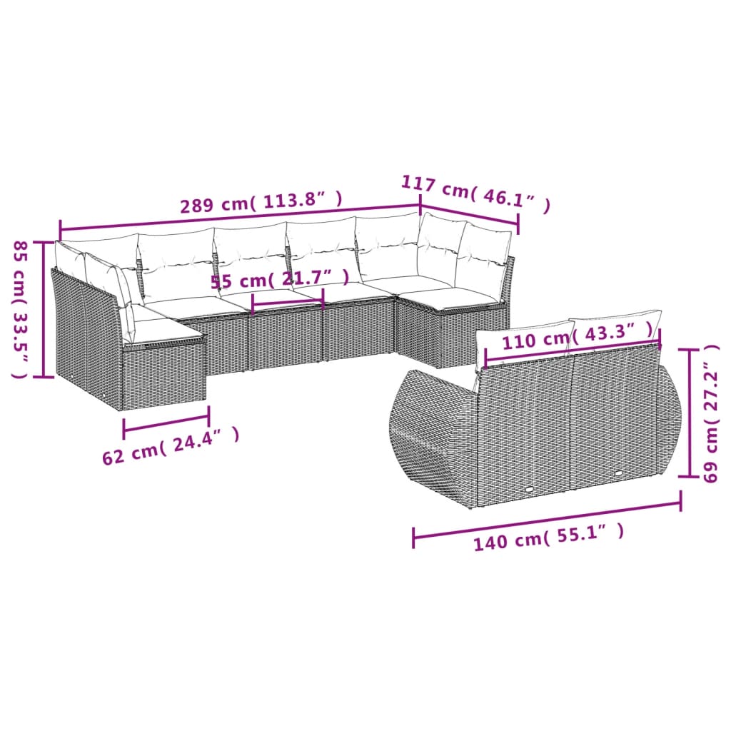 Σετ Καναπέδων Κήπου 9 Τεμαχίων με Μαξιλάρια από Καφέ Συνθετικό Ρατάν