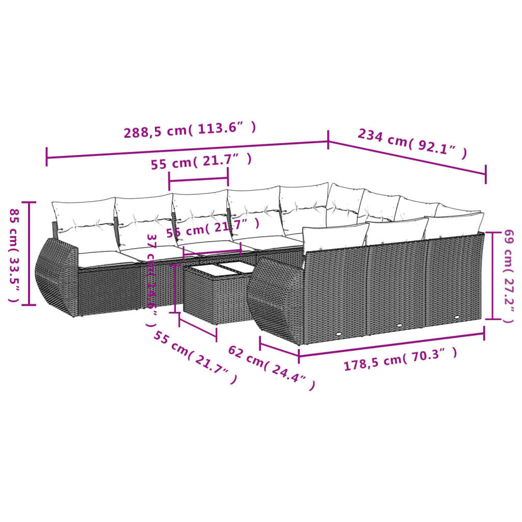 Σαλόνι Κήπου 11 Τεμαχίων Γκρι από Συνθετικό Ρατάν με Μαξιλάρια