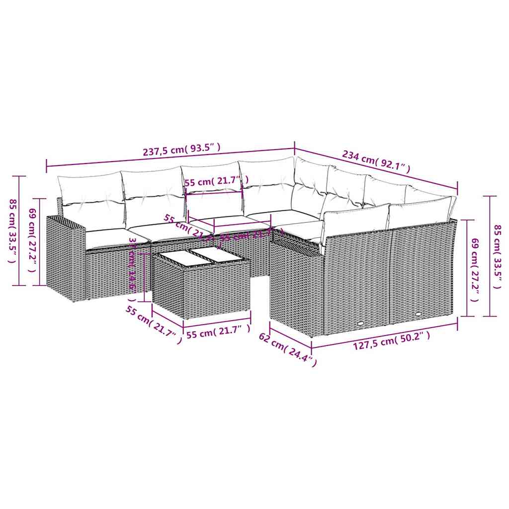Σαλόνι Κήπου Σετ 9 Τεμαχίων Μαύρο από Συνθ. Ρατάν με Μαξιλάρια