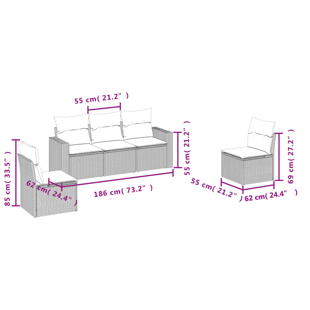 Σαλόνι Κήπου Σετ 5 Τεμαχίων Καφέ Συνθετικό Ρατάν με Μαξιλάρια