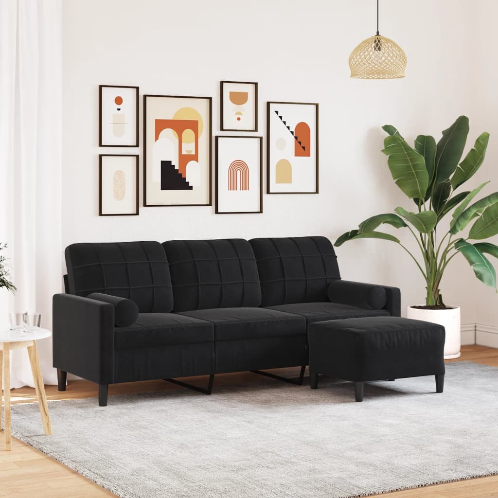 Καναπές Τριθέσιος Μαύρος 180 εκ. από Βελούδινος με Υποπόδιο