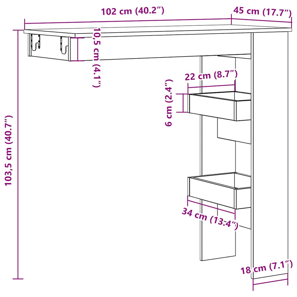 Επιτοίχιος Μπαρ Τραπέζι Παλιό Ξύλο 102x45x103,5 cm