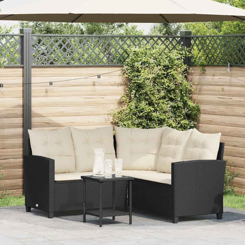 Καναπές Κήπου με Τραπέζι & Μαξιλάρια σε Σχήμα L από Μαύρο Συνθετικό Ρατάν