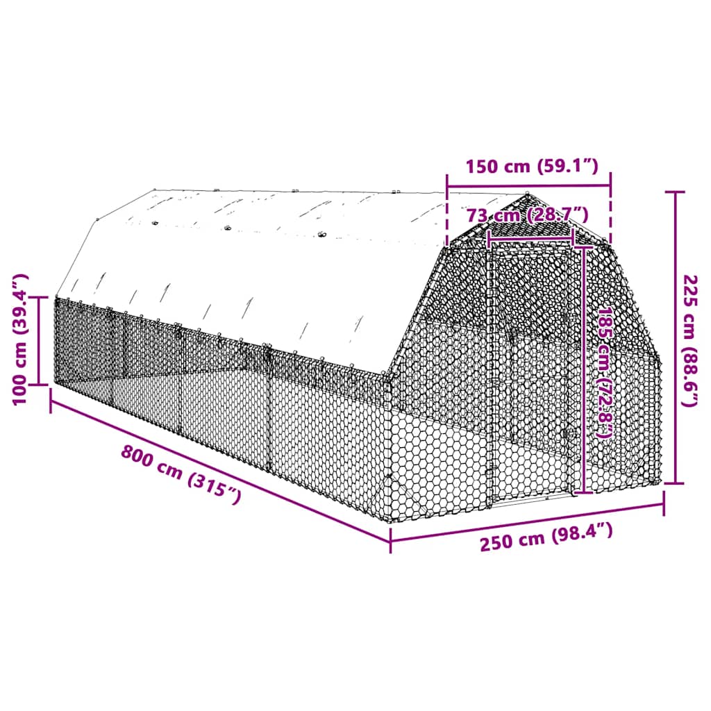 Τρέξιμο για κοτόπουλα με οροφή 2,5x8x2,25 μ. από Γαλβ. Χάλυβα