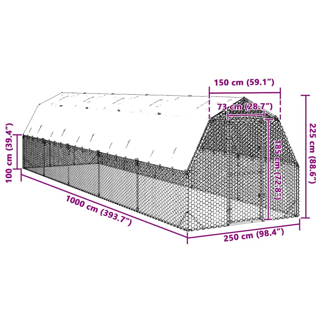 Τρέξιμο για κοτόπουλα με οροφή 2,5x10x2,25 μ. από Γαλβ. Χάλυβα