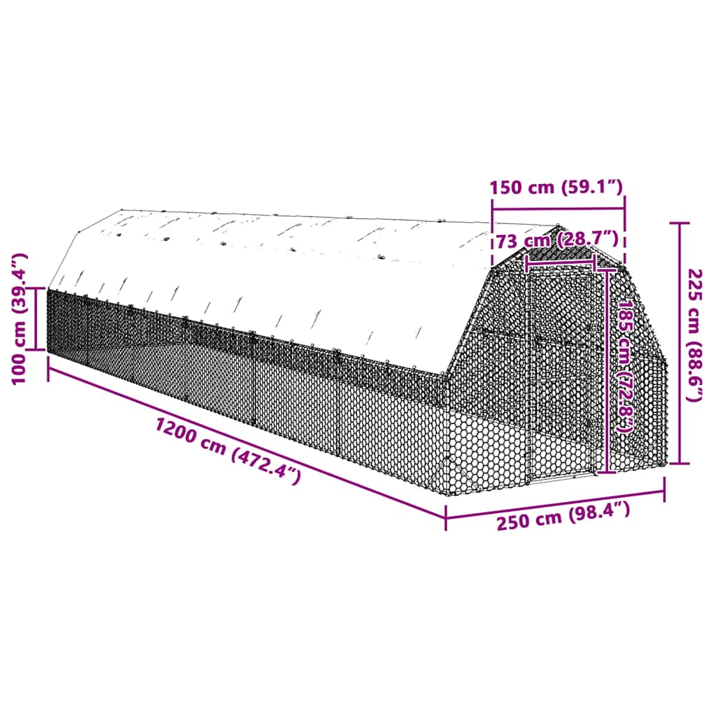 Τρέξιμο για κοτόπουλα με οροφή 2,5x12x2,25 μ. από Γαλβ. Χάλυβα