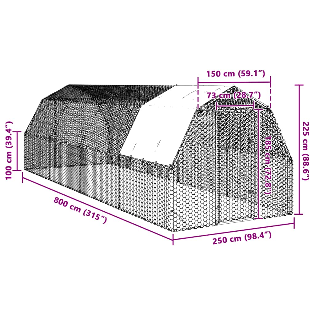 Τρέξιμο για κοτόπουλα με οροφή 2,5x8x2,25 μ. από Γαλβ. Χάλυβα