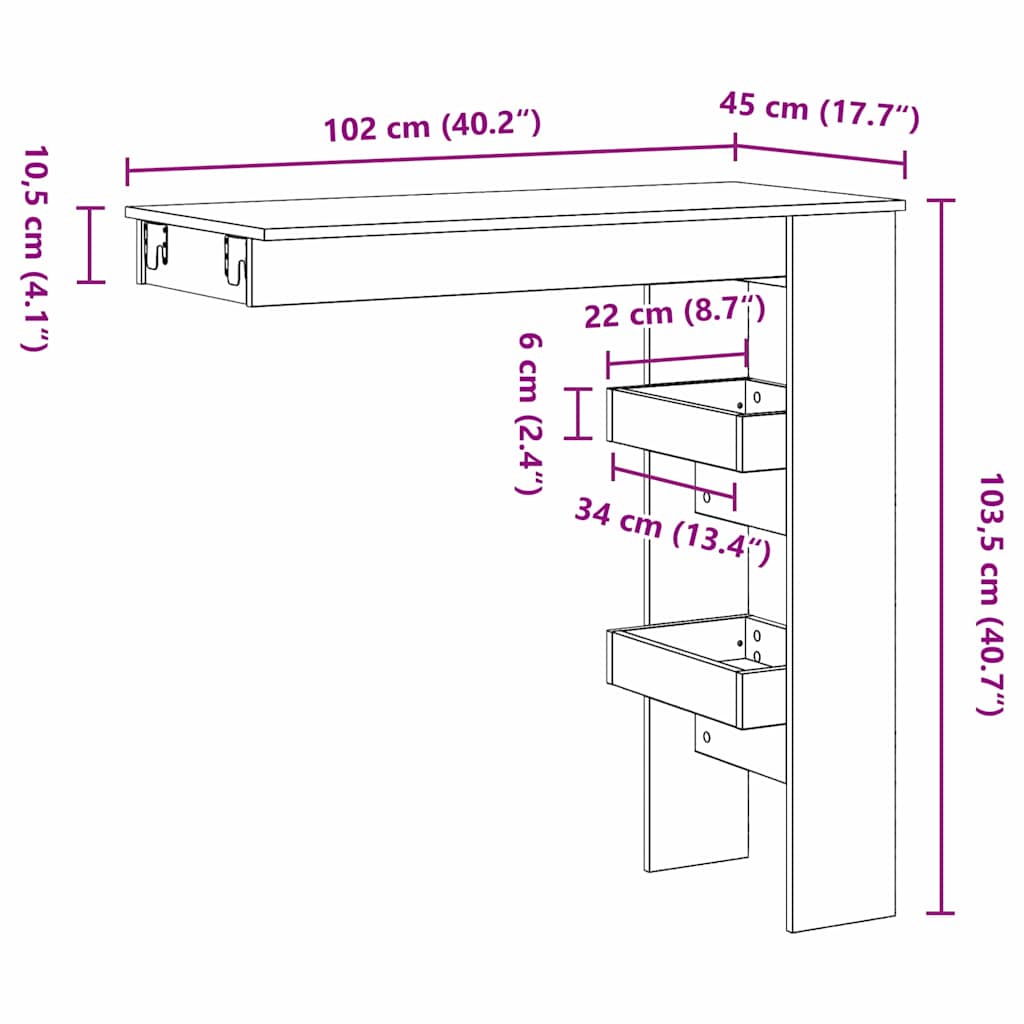 Τραπέζι Μπαρ Τοίχου 102 x 45 x 103,5 εκ. Επεξεργασμένο Ξύλο