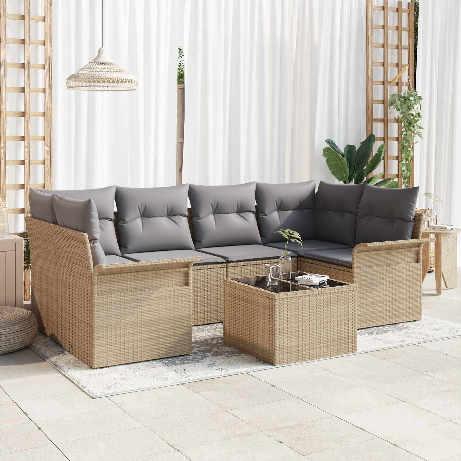 Σετ Καναπέ Κήπου 7 pcs 6-Seater Μπεζ και Γκρι συνθετικό ρατάν