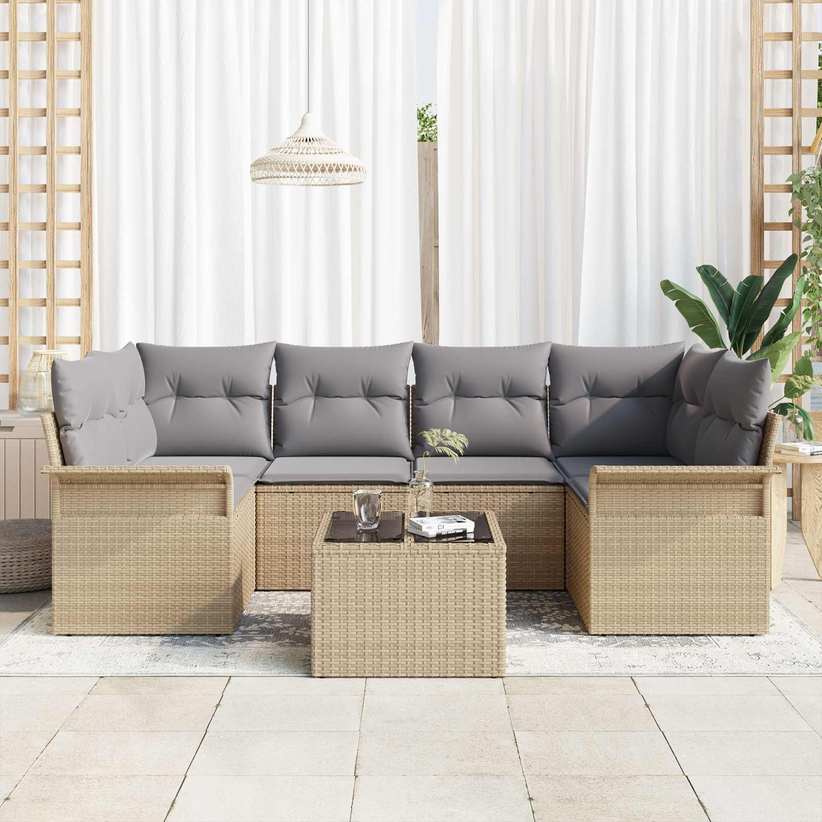 Σετ Καναπέ Κήπου 7 pcs 6-Seater Μπεζ και Γκρι συνθετικό ρατάν