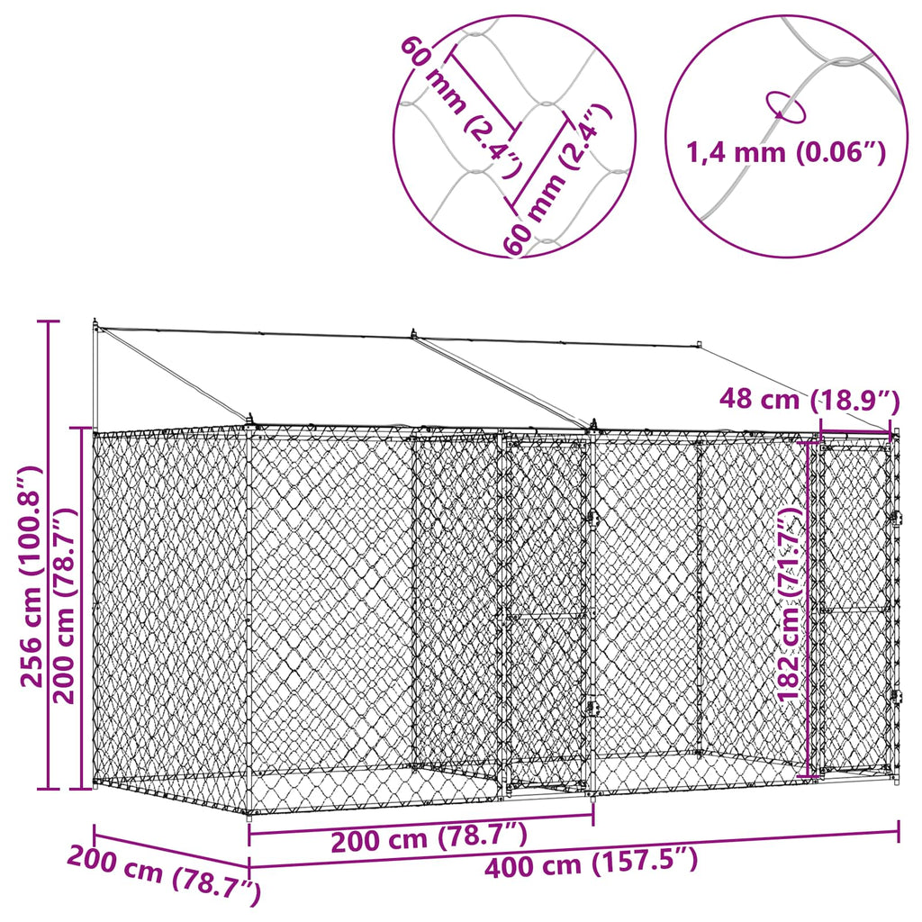 Κλουβί Σκυλιού με Στέγη Ασημί 400 x 200 x 256 εκ Χάλυβας και PE