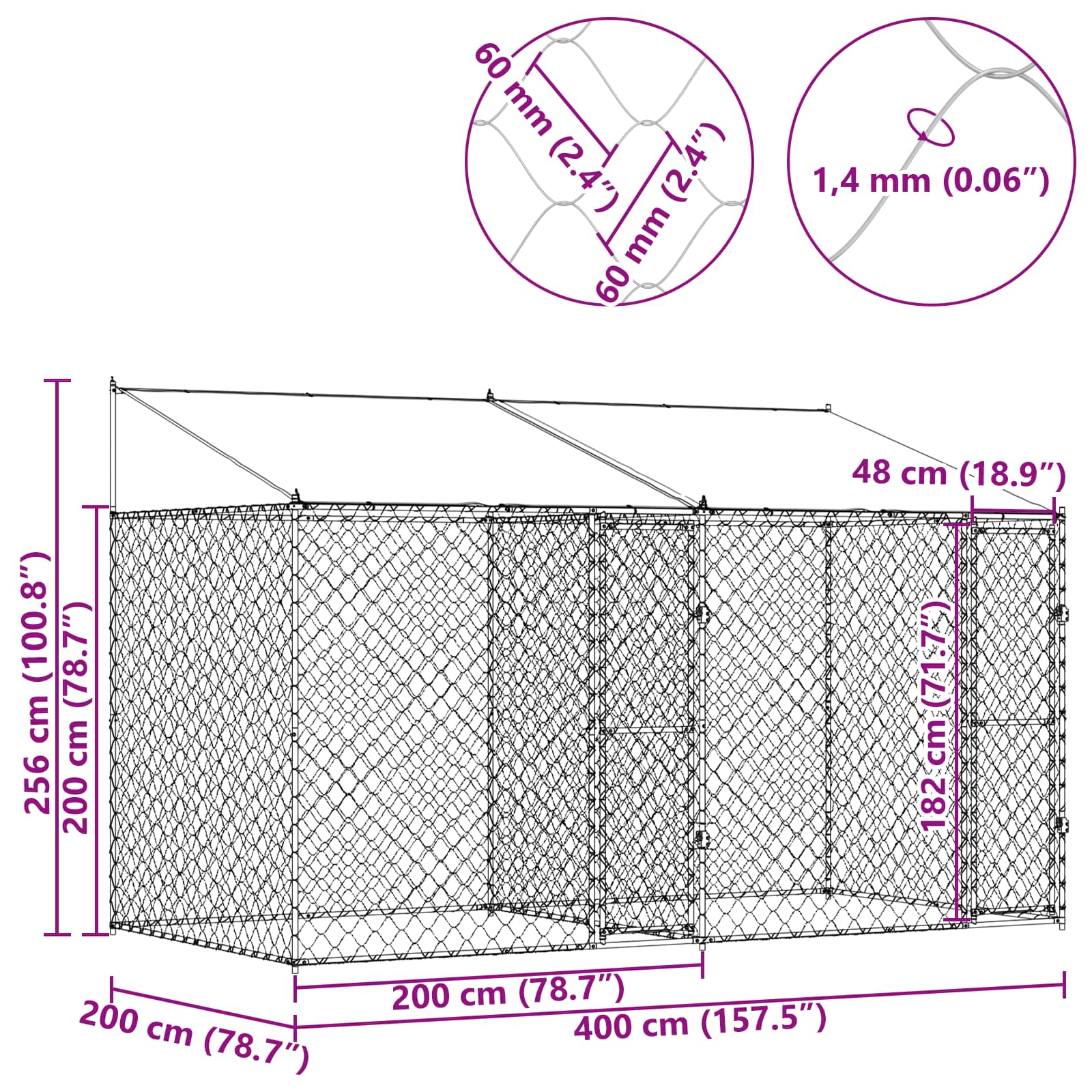 Κλουβί Σκυλιού με Στέγη Ασημί 400 x 200 x 256 εκ Χάλυβας και PE