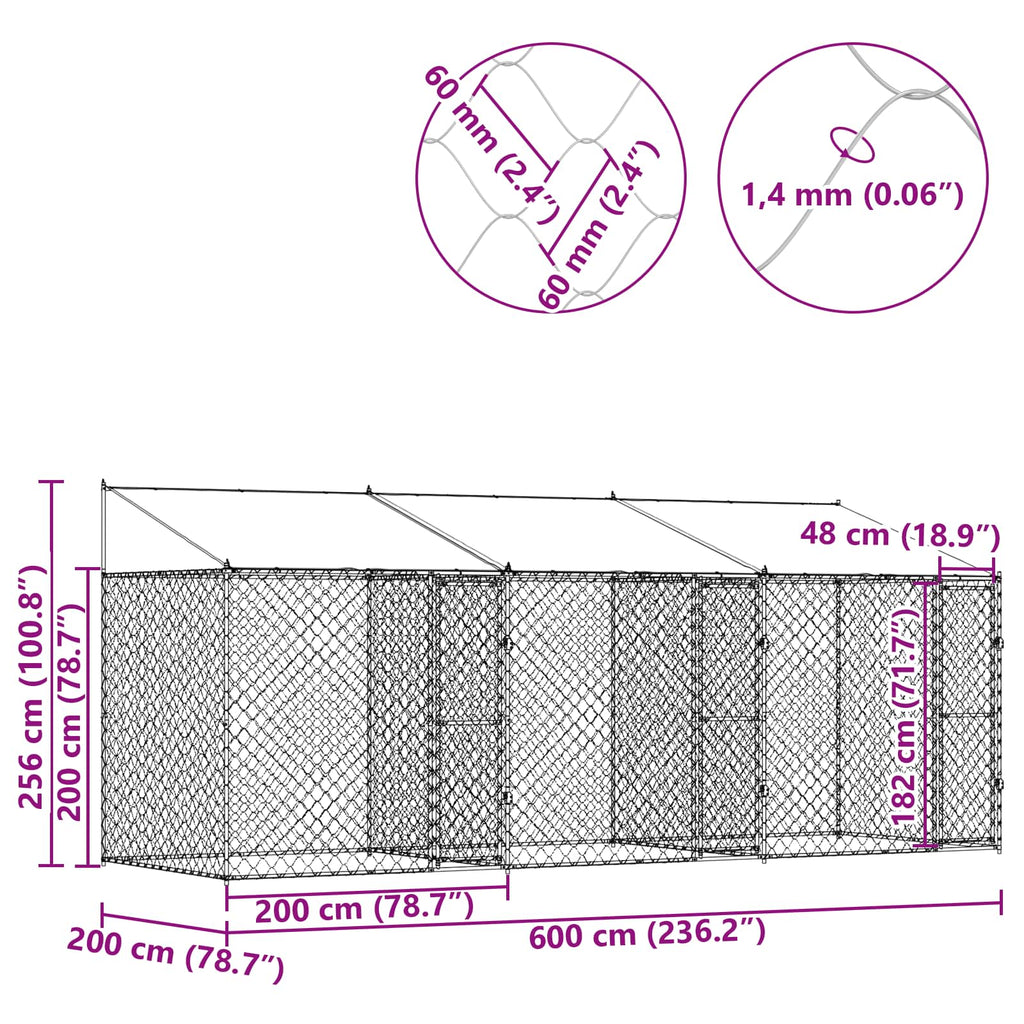 Κλουβί Σκυλιού με Στέγη Ασημί 600 x 200 x 256 εκ.