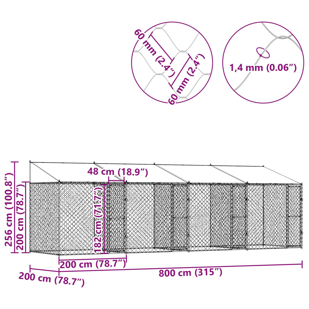 Κλουβί Σκυλιού με Στέγη Ασημί 800 x 200 x 256 εκ.