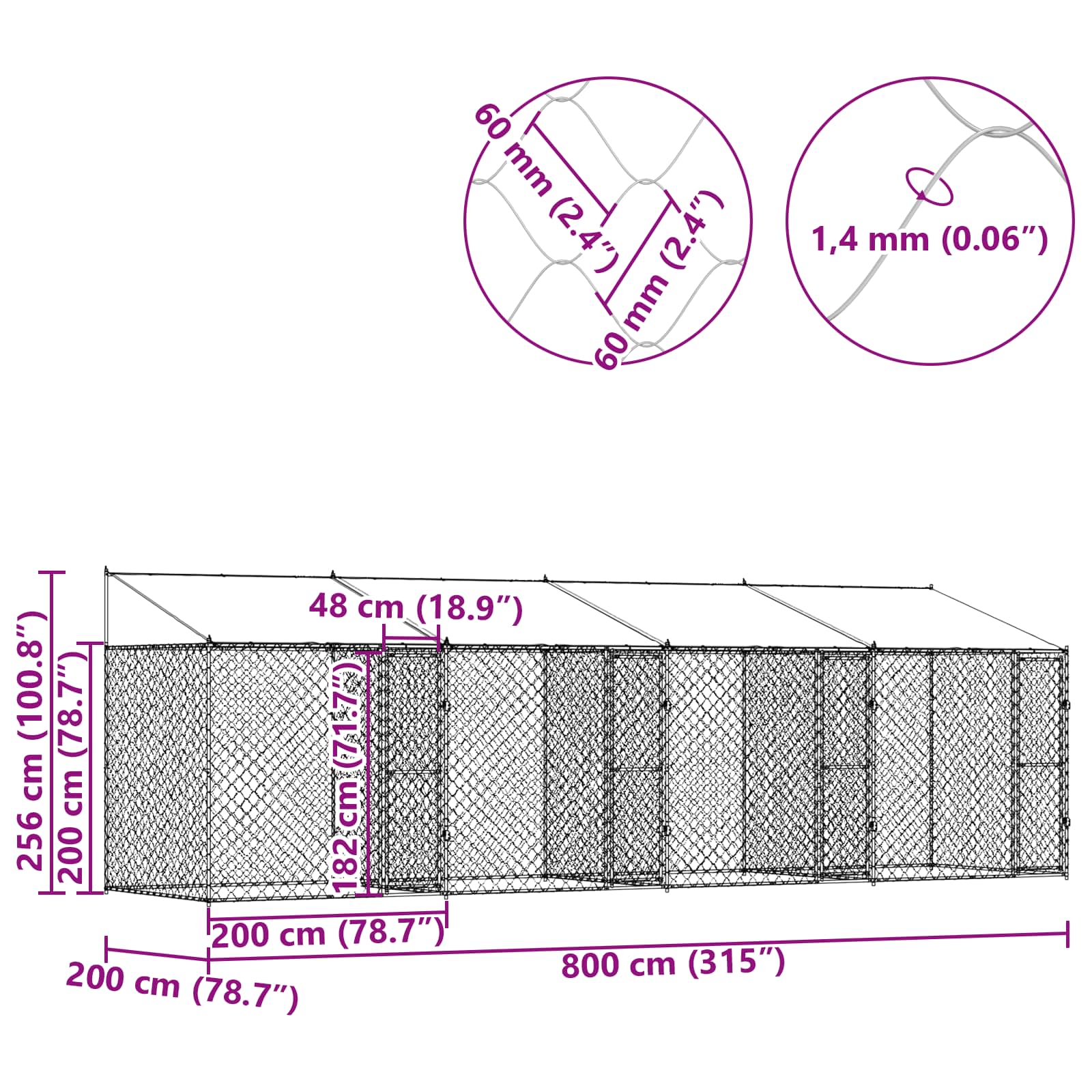 Κλουβί Σκυλιού με Στέγη Ασημί 800 x 200 x 256 εκ.