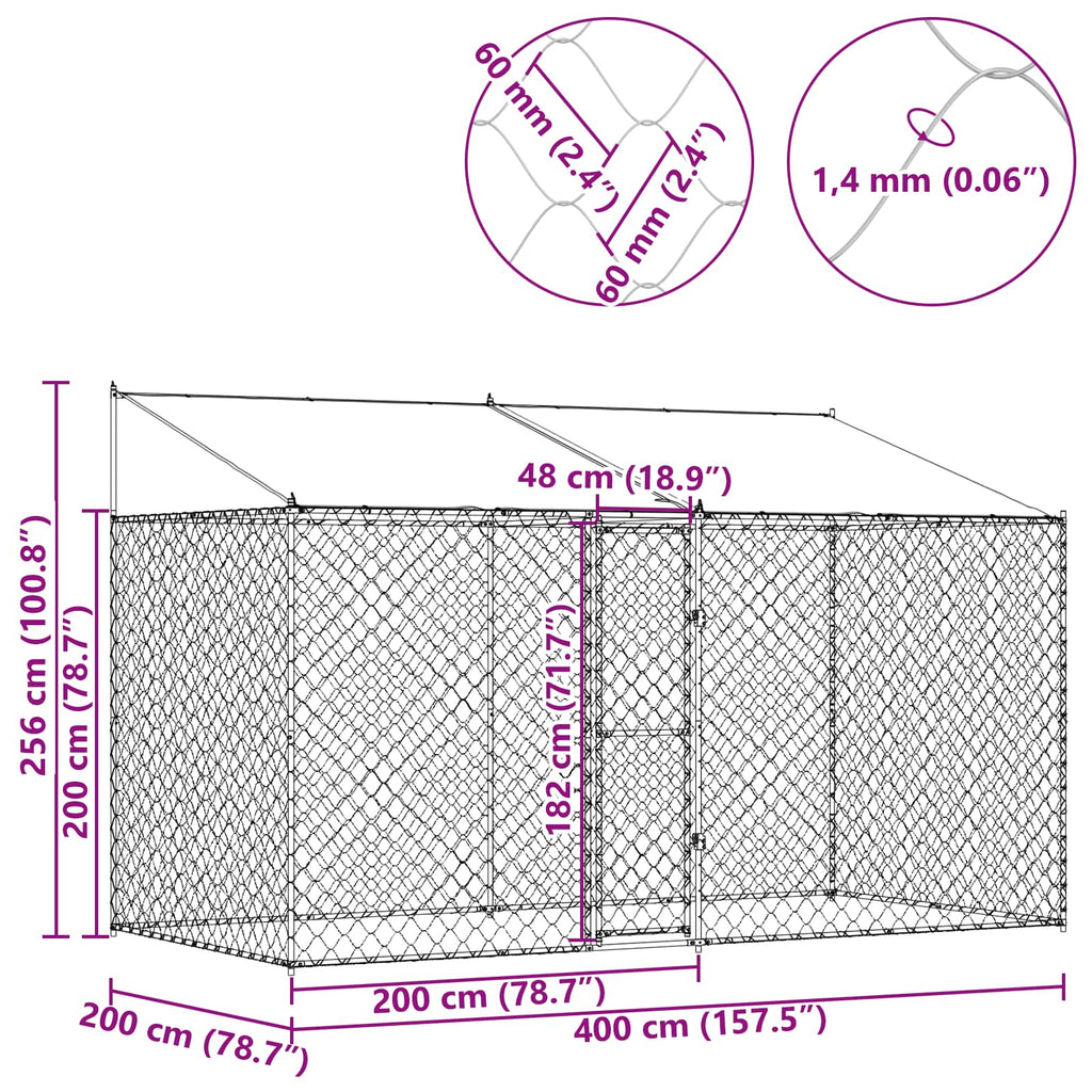 Κλουβί Σκυλιού με Στέγη Ασημί 400 x 200 x 256 εκ Χάλυβας και PE