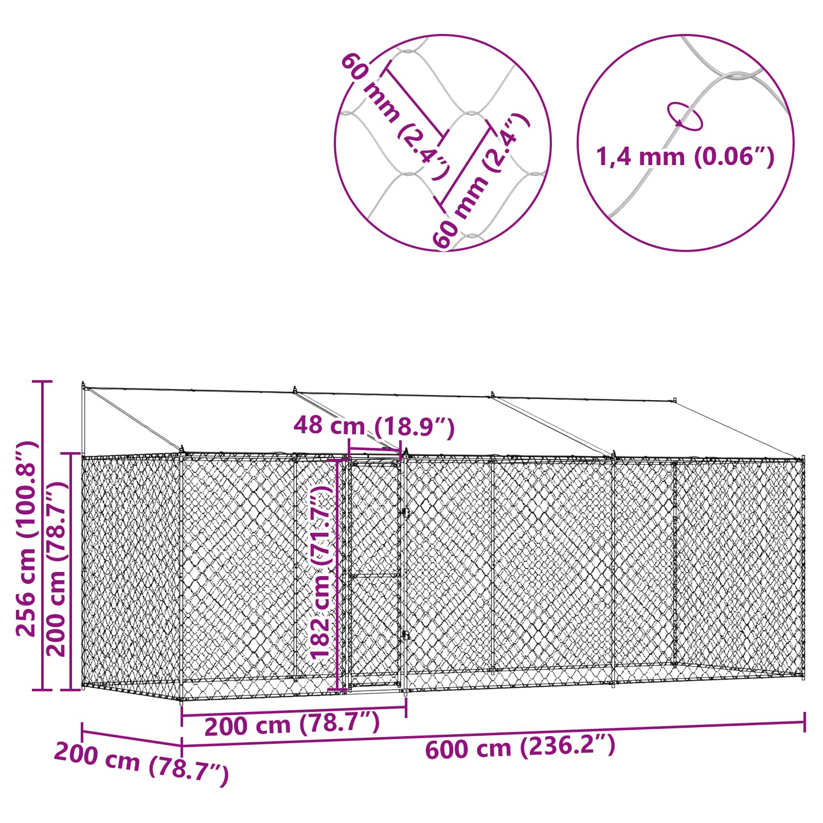 Κλουβί Σκυλιού με Στέγη Ασημί 600 x 200 x 256 εκ.
