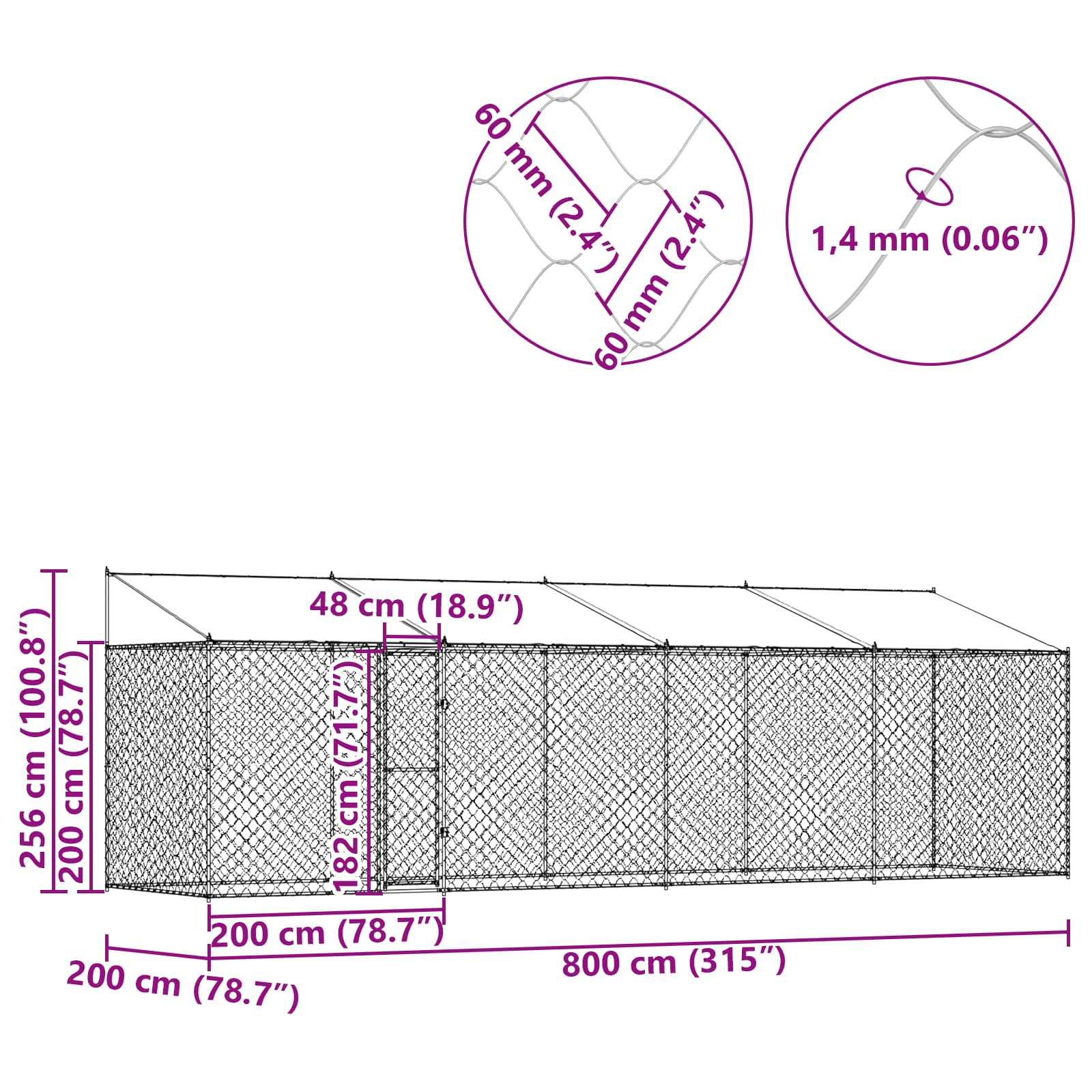 Κλουβί Σκυλιού με Στέγη Ασημί 800 x 200 x 256 εκ.