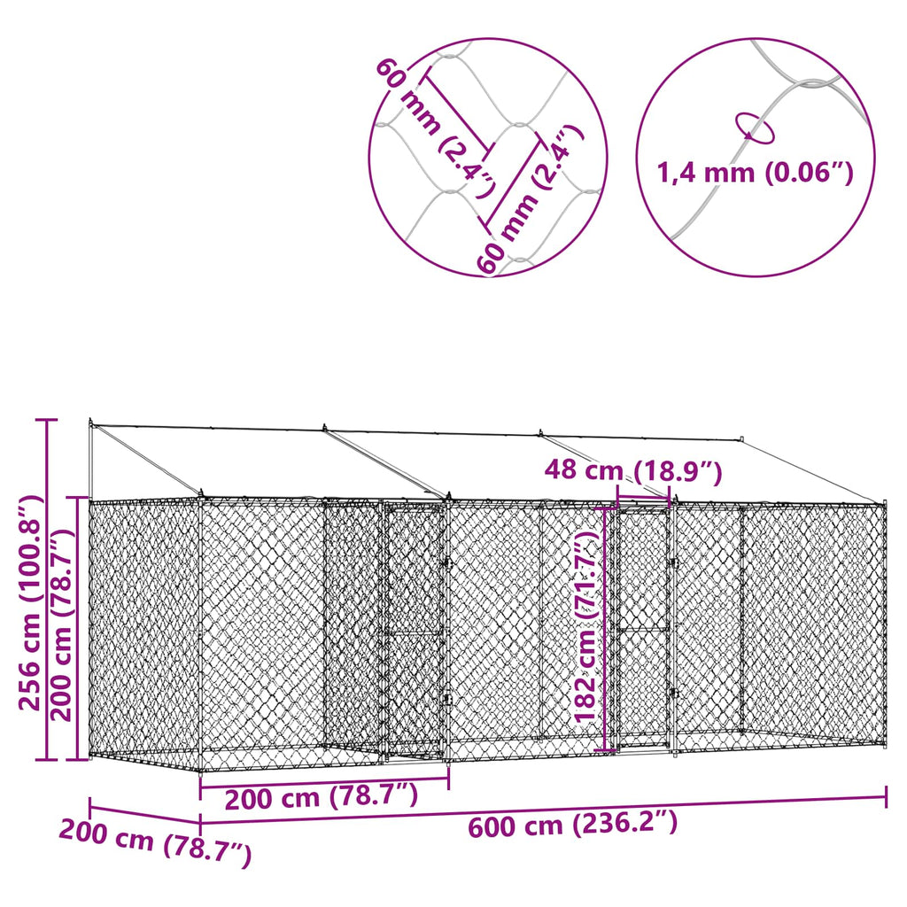 Κλουβί Σκυλιού με Στέγη Ασημί 600 x 200 x 256 εκ.