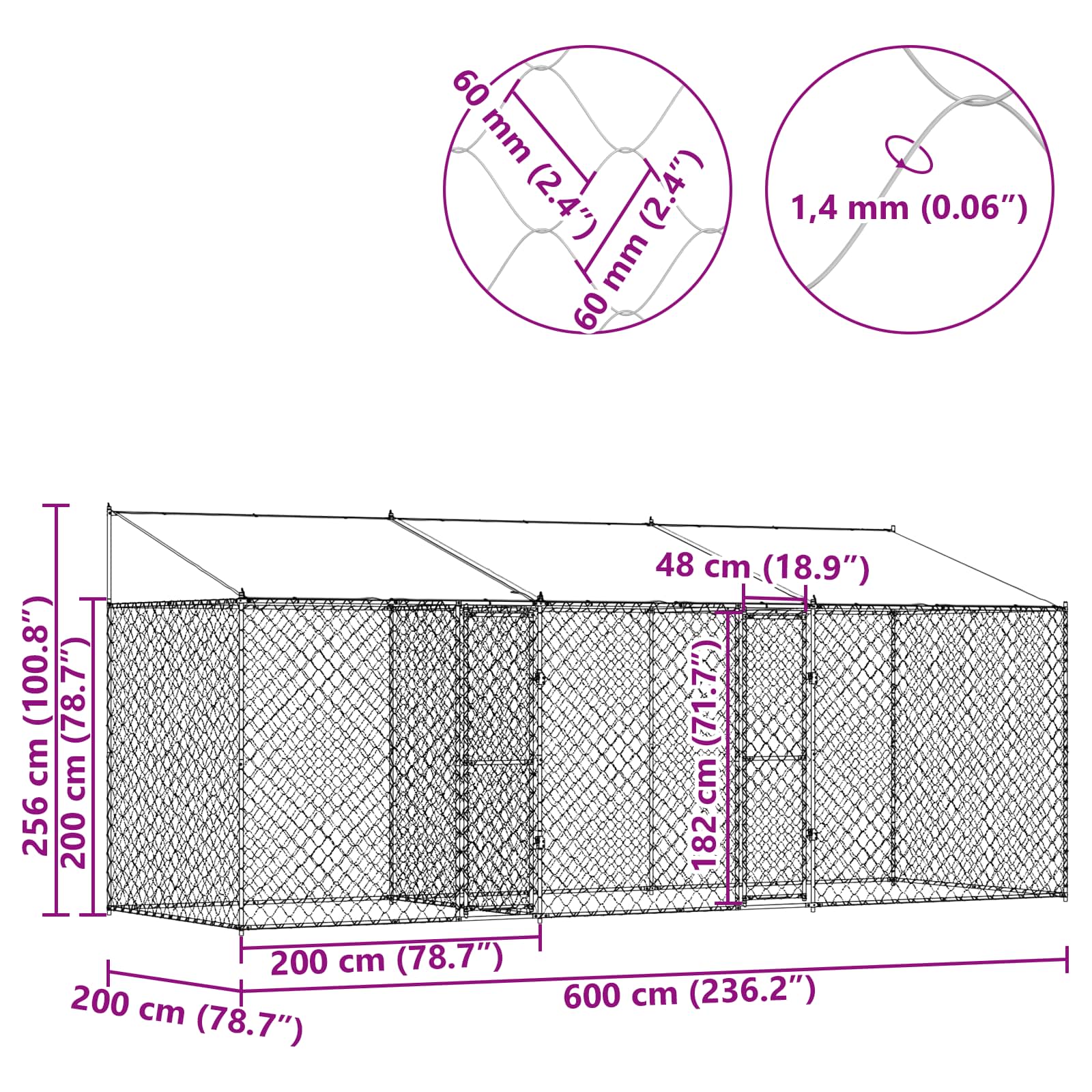 Κλουβί Σκυλιού με Στέγη Ασημί 600 x 200 x 256 εκ.