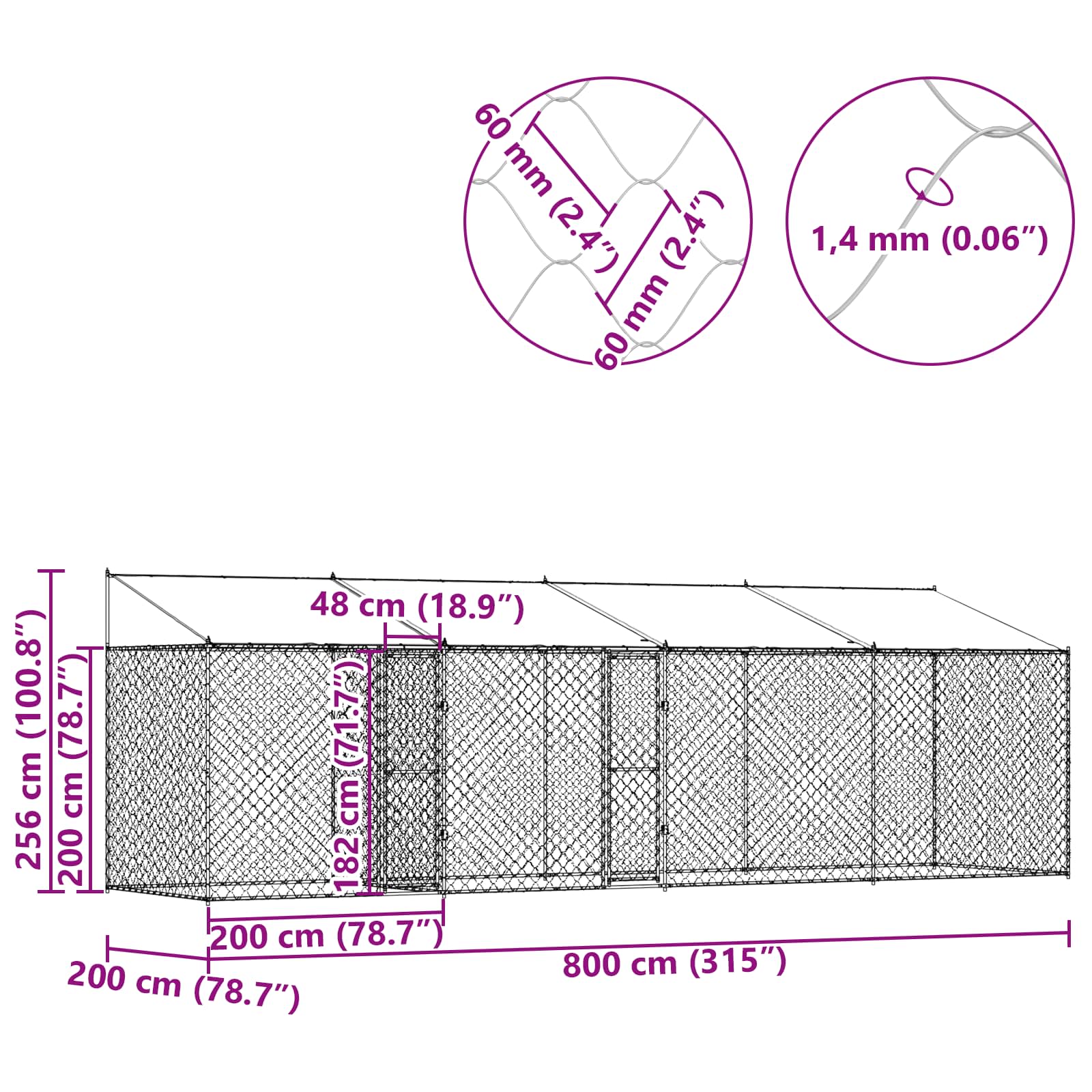 Κλουβί Σκυλιού με Στέγη Ασημί 800 x 200 x 256 εκ.
