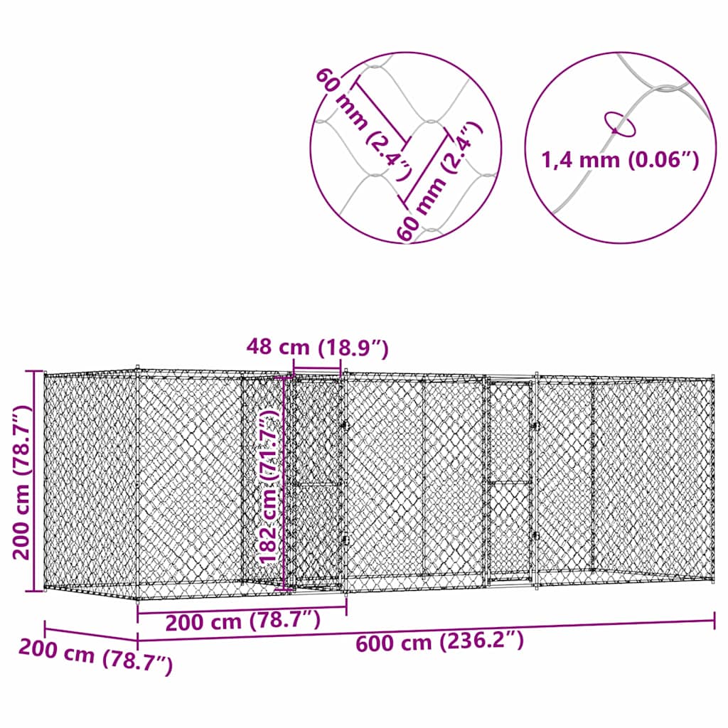 Κλουβί σκύλου Ασημί 600 x 200 x 200 εκ. Επικαλυμμένος Χάλυβας