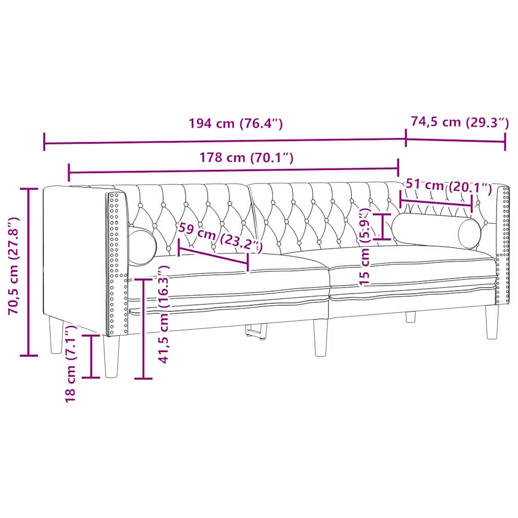 Καναπές Σκούρο Γκρι 194 x 74,5 x 70,5 εκ. Βελούδο