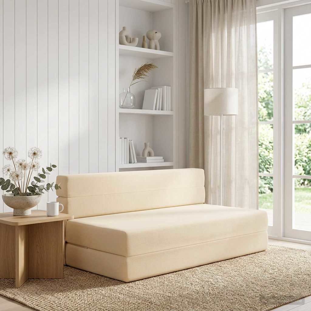 Κρεβάτι Καναπέ Αναδιπλούμενο Κρεμ 152 x 86,5 x 60 εκ. Ύφασμα