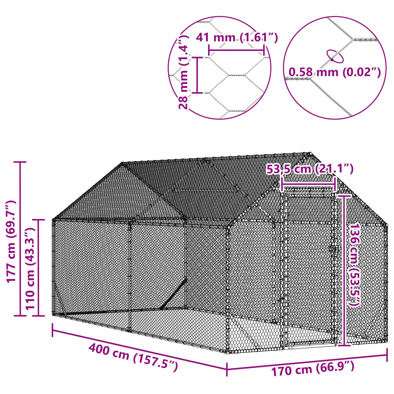 Κλουβί για κότες Ασημί 400 x 170 x 177 εκ Επικαλυμμένος Χάλυβας
