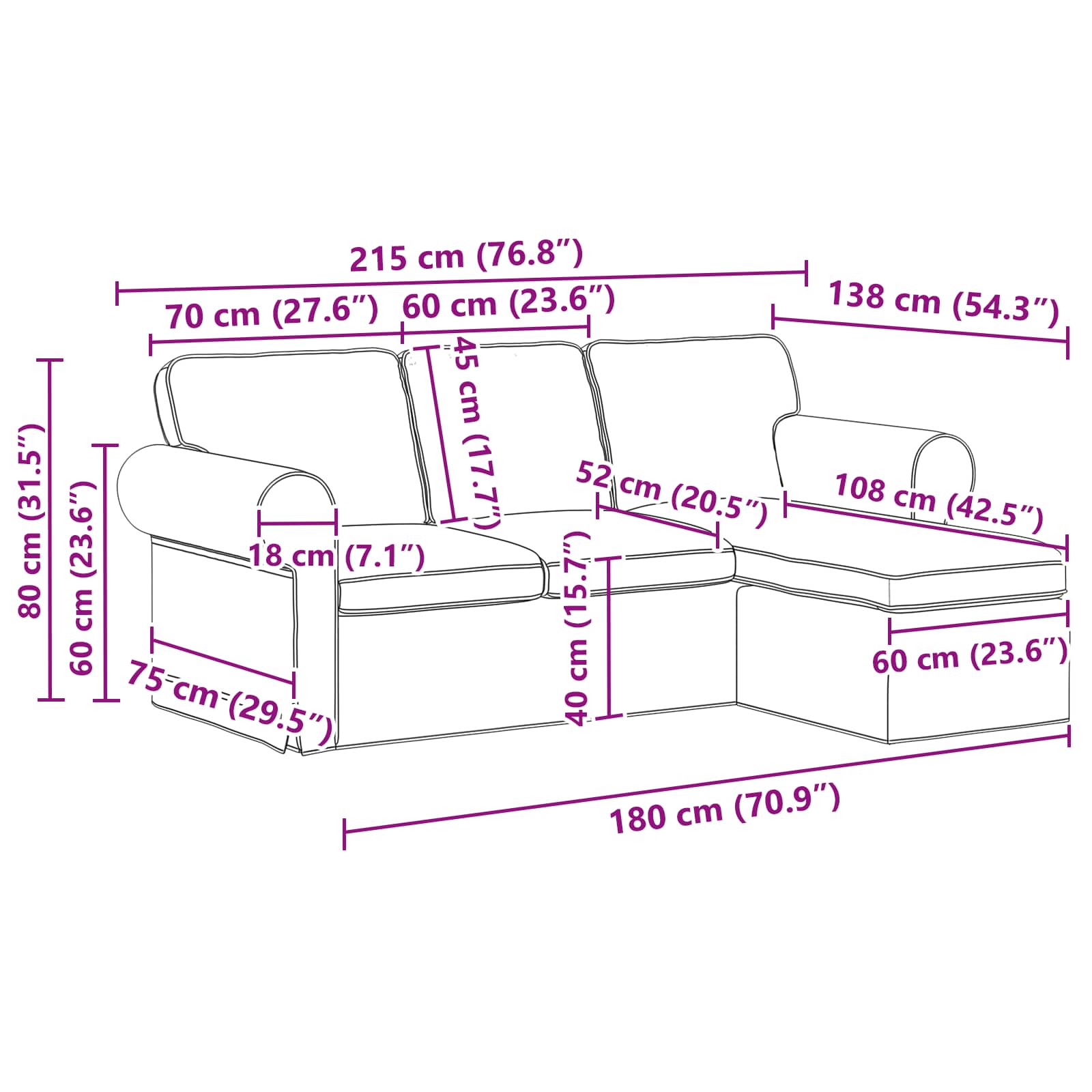Καναπές Μαύρο 215 x 138 x 80 εκ ύφασμα