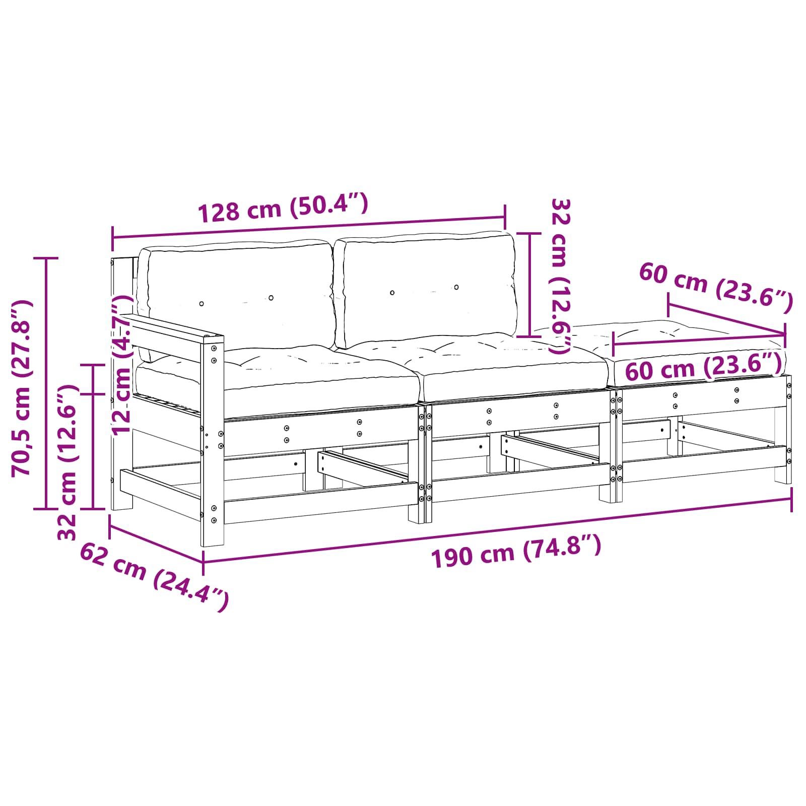 Ενοποιημένες καναπέδες Κερί Παλαίωσης 190 x 62 x 70,5 εκ