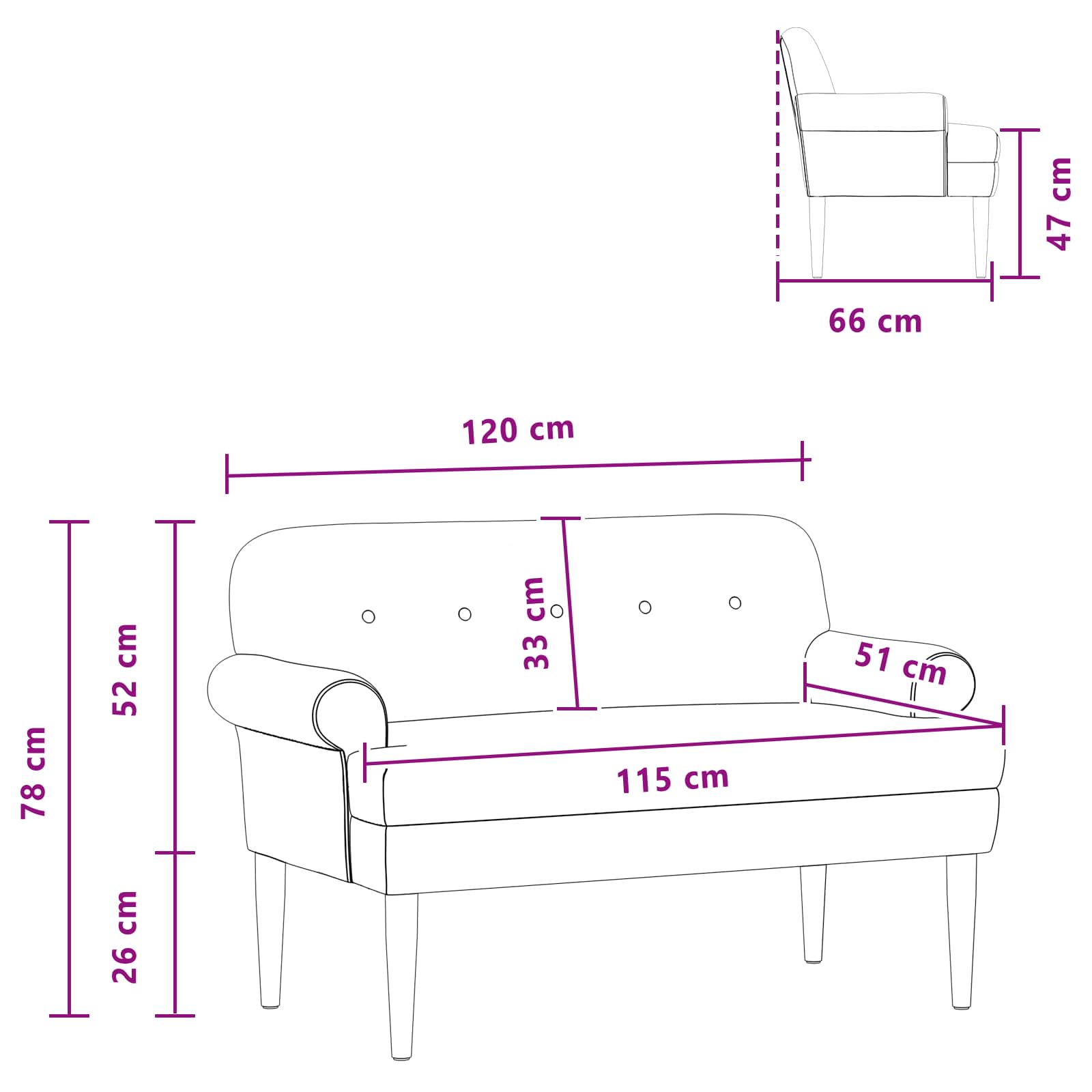 Love seat με κουμπιά Μαύρο 120 x 66 x 78 εκ. Βελούδο