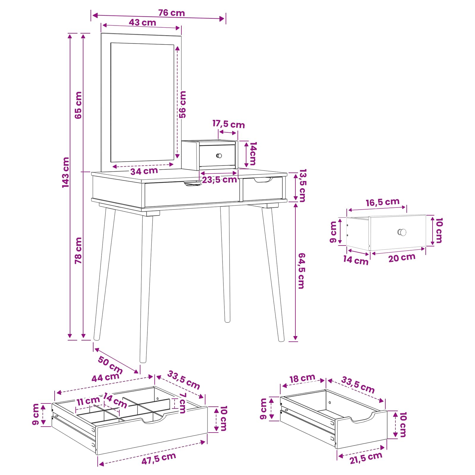 Σετ Τραπεζιού Μακιγιάζ FAUSKE 3 τμχ. Λευκό 76 x 50 x 143 εκ.